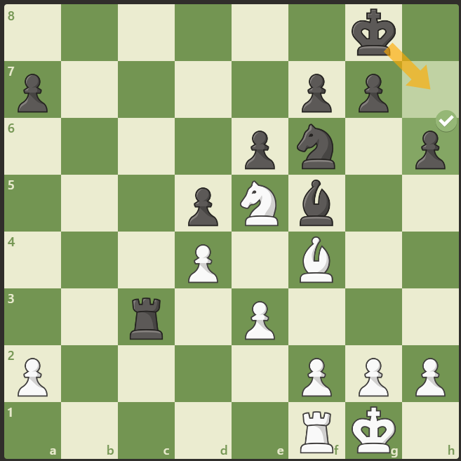 Pion hitam ke h6 untuk membuka ruang napas (luft) bagi raja jika ada serangan skakmat di baris belakang (back-rank mate)