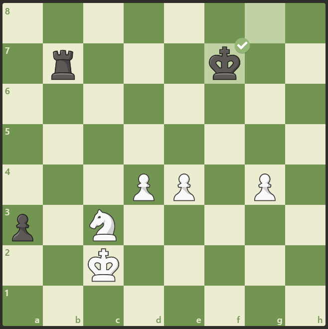Pion bebas (passed pawn) jalur a mencoba untuk promosi yang dilindungi oleh benteng hitam